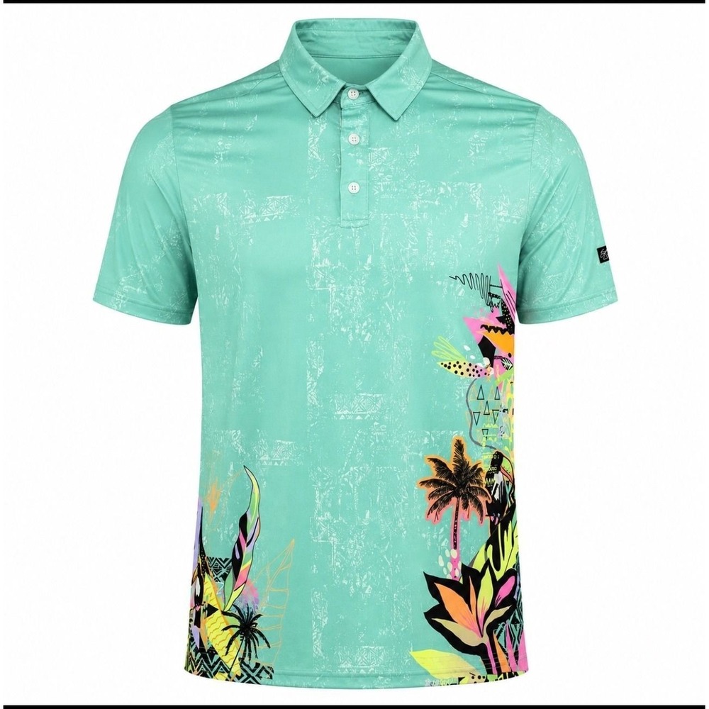 Sunday Swagger Polo Shirt Mens Large Teal Tropical Neon Toucan Golf Performance
